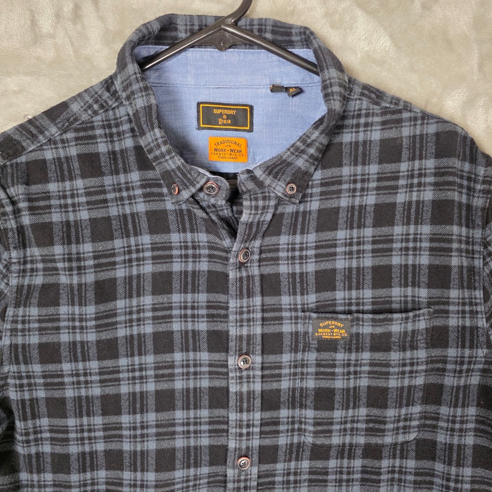 Superdry Flannel Shirt Plaid Button Down Mens XL Black Blue Lumberjack Layering